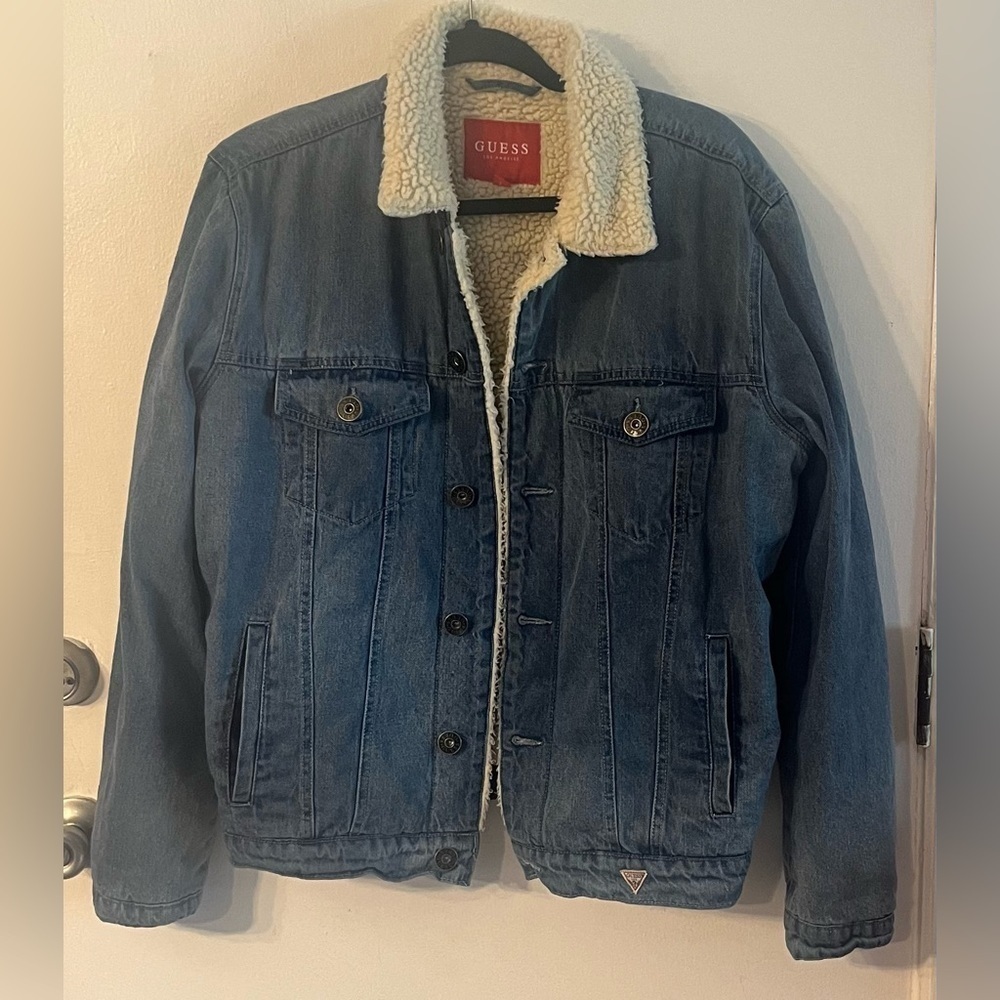 GUESS Men's Sherpa Lined Denim Jacket Blue Button-Up Chest Pockets Size‎ S